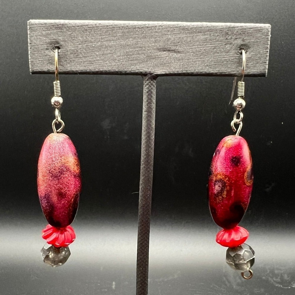 Vintage Drop Earrings Pink Marbled Acrylic Beaded‎ Silver Tone Dangle